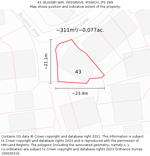 43, BUGSBY WAY, KESGRAVE, IPSWICH, IP5 2WX: Plot and title map