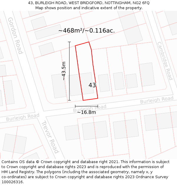 43, BURLEIGH ROAD, WEST BRIDGFORD, NOTTINGHAM, NG2 6FQ: Plot and title map