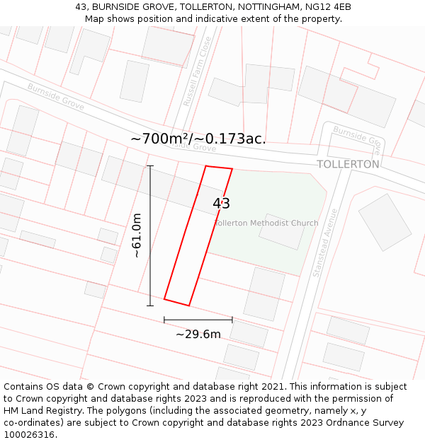 43, BURNSIDE GROVE, TOLLERTON, NOTTINGHAM, NG12 4EB: Plot and title map