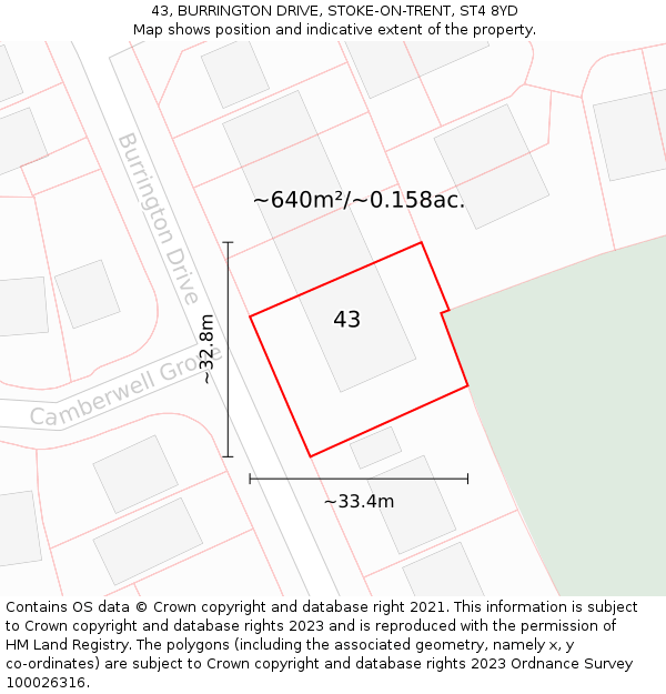 43, BURRINGTON DRIVE, STOKE-ON-TRENT, ST4 8YD: Plot and title map