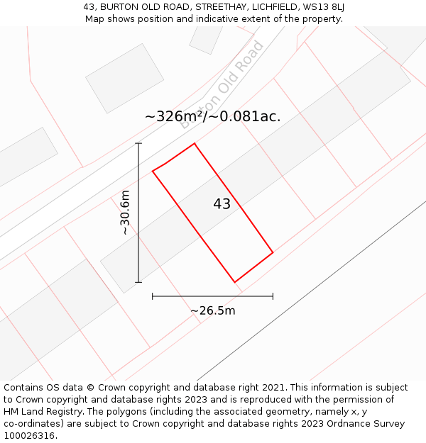 43, BURTON OLD ROAD, STREETHAY, LICHFIELD, WS13 8LJ: Plot and title map