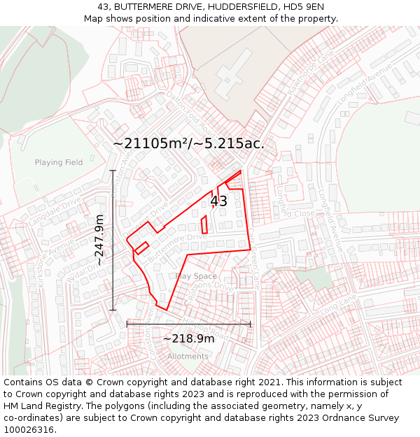 43, BUTTERMERE DRIVE, HUDDERSFIELD, HD5 9EN: Plot and title map