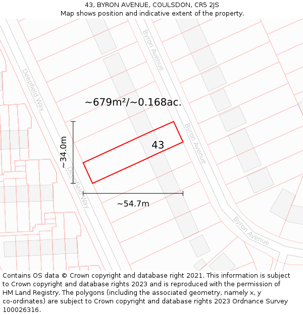 43, BYRON AVENUE, COULSDON, CR5 2JS: Plot and title map