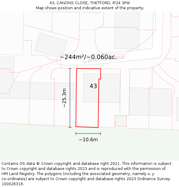 43, CANONS CLOSE, THETFORD, IP24 3PW: Plot and title map