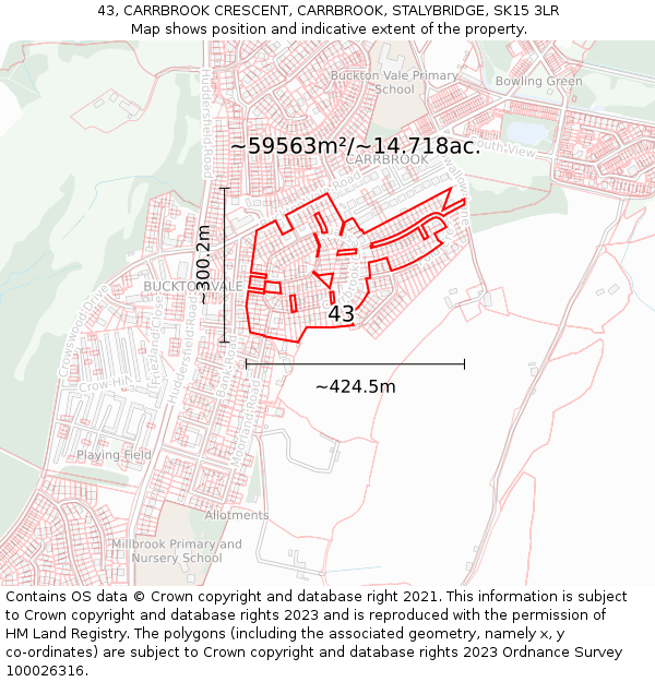 43, CARRBROOK CRESCENT, CARRBROOK, STALYBRIDGE, SK15 3LR: Plot and title map