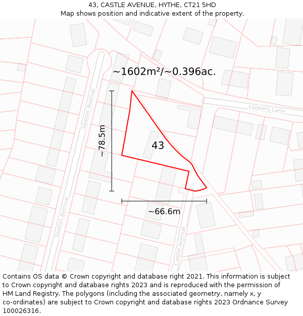 43, CASTLE AVENUE, HYTHE, CT21 5HD: Plot and title map