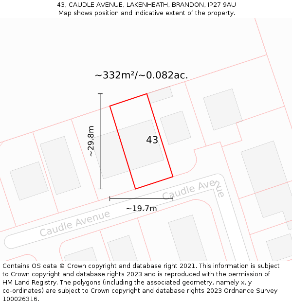 43, CAUDLE AVENUE, LAKENHEATH, BRANDON, IP27 9AU: Plot and title map