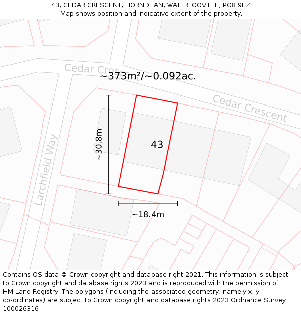 43, CEDAR CRESCENT, HORNDEAN, WATERLOOVILLE, PO8 9EZ: Plot and title map