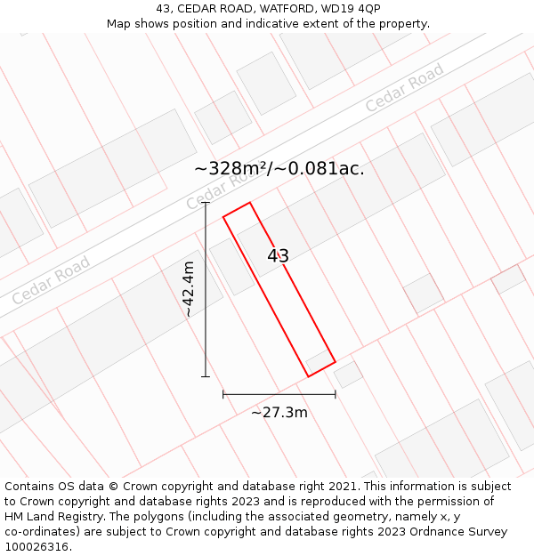 43, CEDAR ROAD, WATFORD, WD19 4QP: Plot and title map