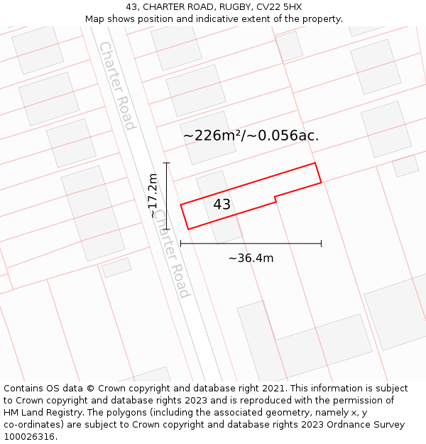 43, CHARTER ROAD, RUGBY, CV22 5HX: Plot and title map