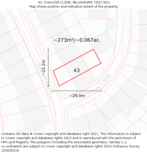 43, CHAUCER CLOSE, BILLINGHAM, TS23 3GU: Plot and title map