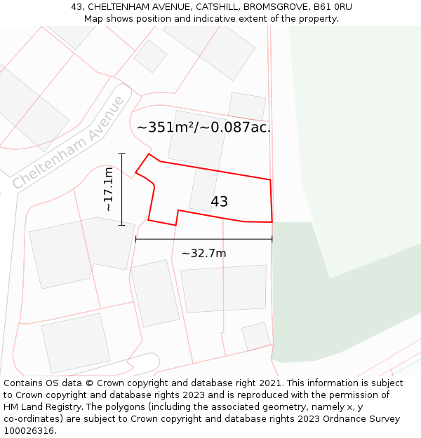 43, CHELTENHAM AVENUE, CATSHILL, BROMSGROVE, B61 0RU: Plot and title map