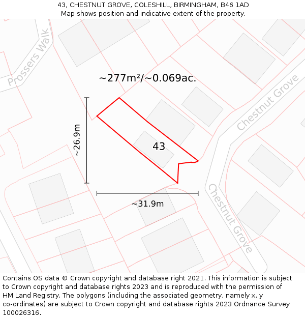 43, CHESTNUT GROVE, COLESHILL, BIRMINGHAM, B46 1AD: Plot and title map