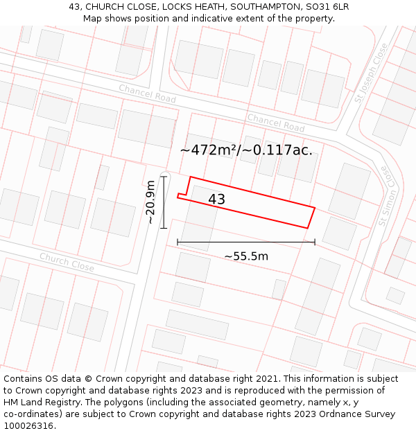 43, CHURCH CLOSE, LOCKS HEATH, SOUTHAMPTON, SO31 6LR: Plot and title map