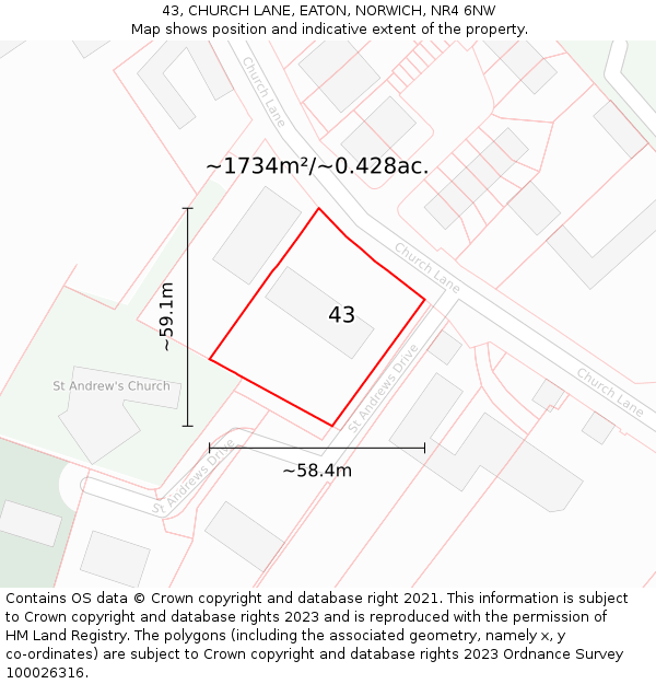 43, CHURCH LANE, EATON, NORWICH, NR4 6NW: Plot and title map