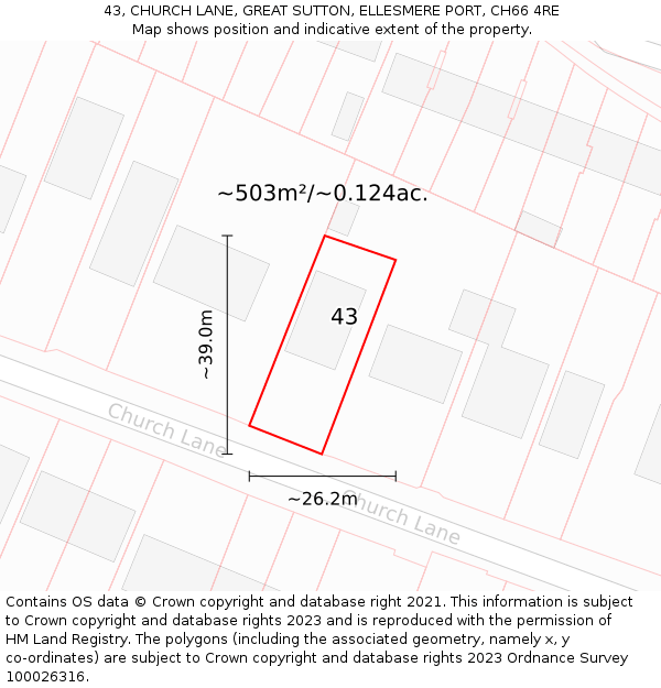 43, CHURCH LANE, GREAT SUTTON, ELLESMERE PORT, CH66 4RE: Plot and title map