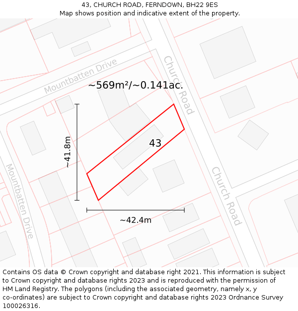 43, CHURCH ROAD, FERNDOWN, BH22 9ES: Plot and title map