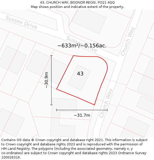 43, CHURCH WAY, BOGNOR REGIS, PO21 4QQ: Plot and title map