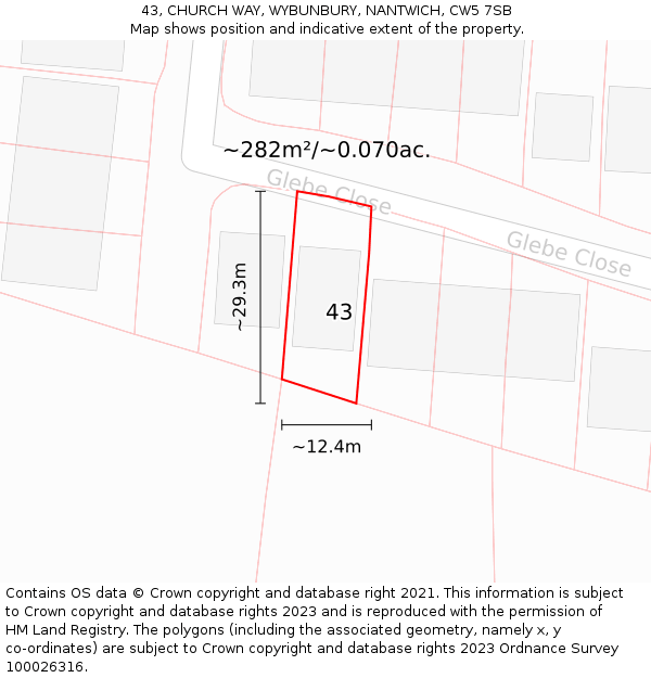 43, CHURCH WAY, WYBUNBURY, NANTWICH, CW5 7SB: Plot and title map