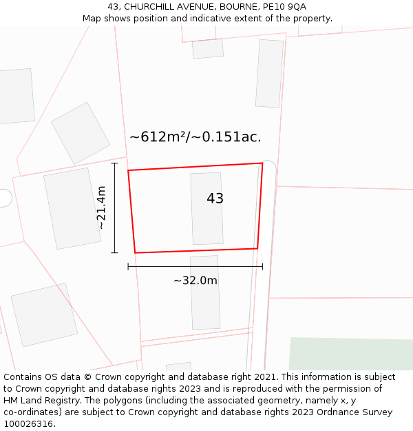 43, CHURCHILL AVENUE, BOURNE, PE10 9QA: Plot and title map