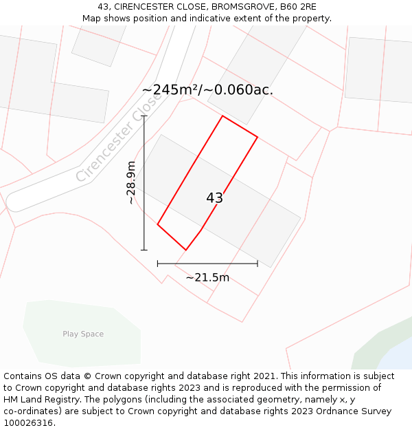 43, CIRENCESTER CLOSE, BROMSGROVE, B60 2RE: Plot and title map