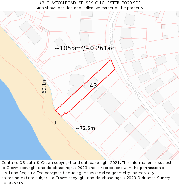 43, CLAYTON ROAD, SELSEY, CHICHESTER, PO20 9DF: Plot and title map