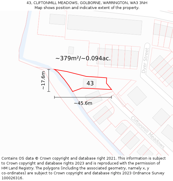 43, CLIFTONMILL MEADOWS, GOLBORNE, WARRINGTON, WA3 3NH: Plot and title map