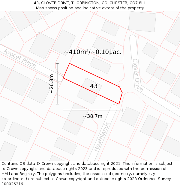 43, CLOVER DRIVE, THORRINGTON, COLCHESTER, CO7 8HL: Plot and title map