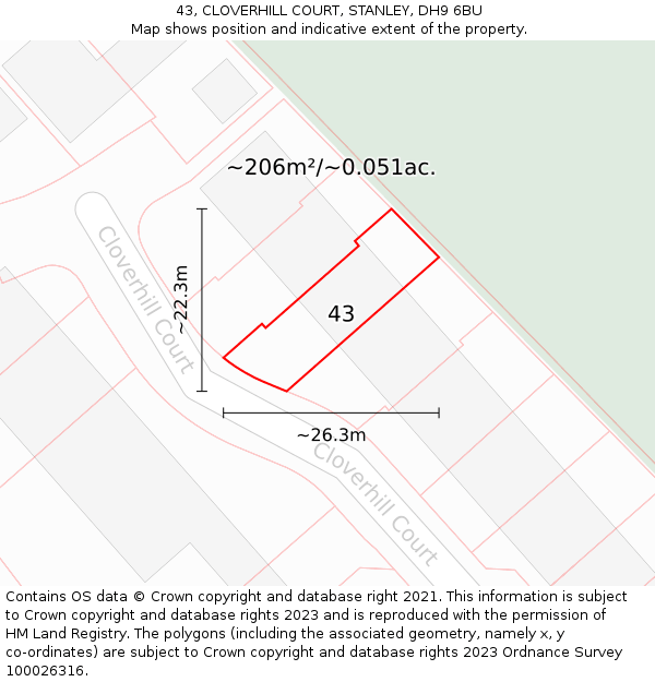 43, CLOVERHILL COURT, STANLEY, DH9 6BU: Plot and title map