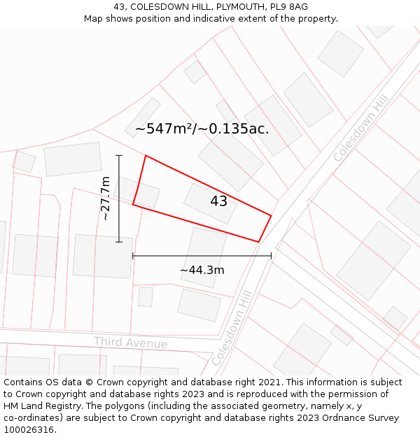 43, COLESDOWN HILL, PLYMOUTH, PL9 8AG: Plot and title map