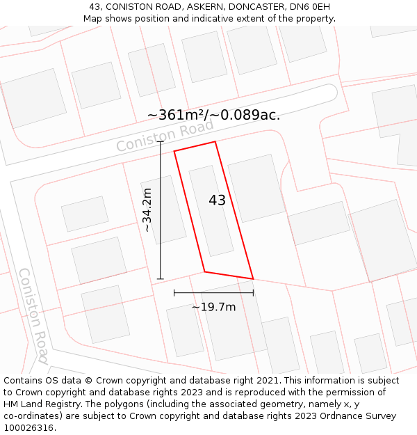 43, CONISTON ROAD, ASKERN, DONCASTER, DN6 0EH: Plot and title map