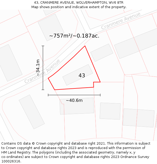 43, CRANMERE AVENUE, WOLVERHAMPTON, WV6 8TR: Plot and title map