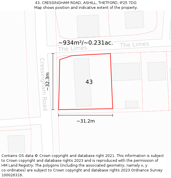 43, CRESSINGHAM ROAD, ASHILL, THETFORD, IP25 7DG: Plot and title map