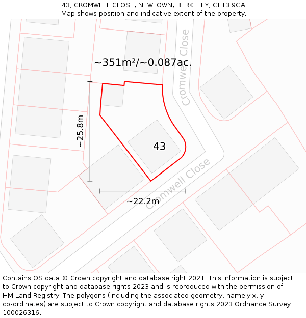 43, CROMWELL CLOSE, NEWTOWN, BERKELEY, GL13 9GA: Plot and title map