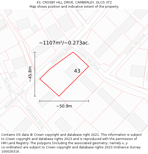 43, CROSBY HILL DRIVE, CAMBERLEY, GU15 3TZ: Plot and title map