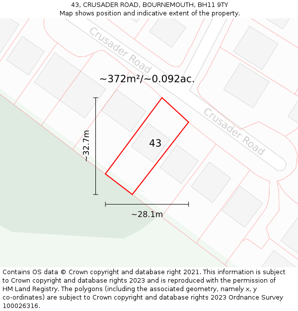 43, CRUSADER ROAD, BOURNEMOUTH, BH11 9TY: Plot and title map