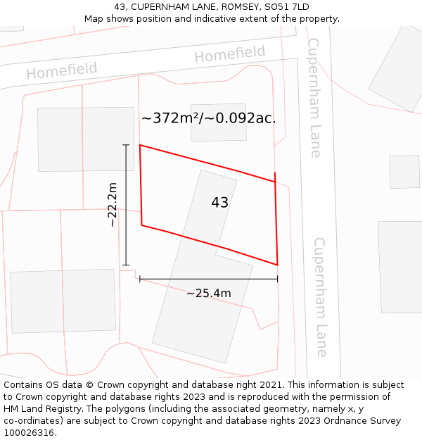 43, CUPERNHAM LANE, ROMSEY, SO51 7LD: Plot and title map