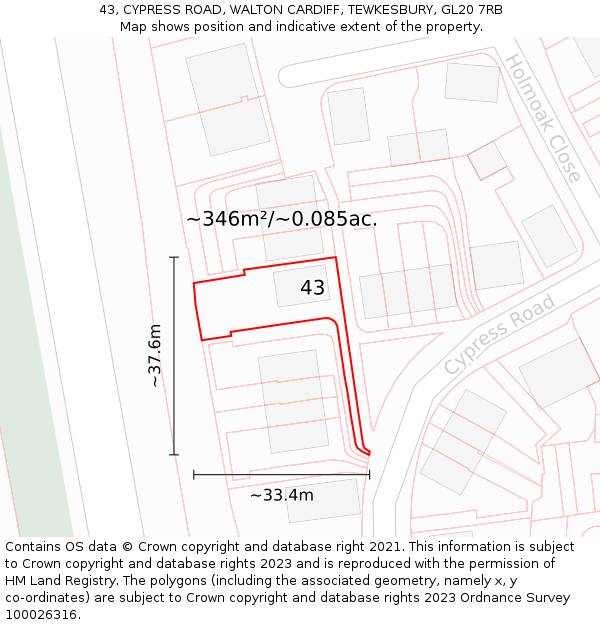 43, CYPRESS ROAD, WALTON CARDIFF, TEWKESBURY, GL20 7RB: Plot and title map