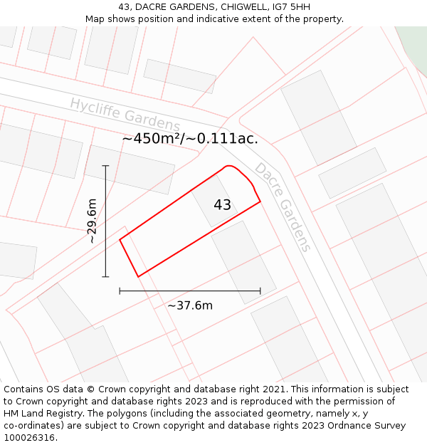 43, DACRE GARDENS, CHIGWELL, IG7 5HH: Plot and title map