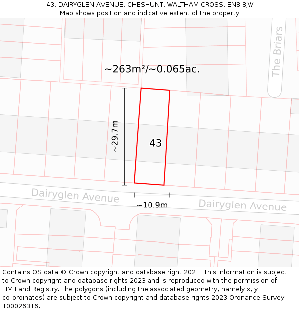 43, DAIRYGLEN AVENUE, CHESHUNT, WALTHAM CROSS, EN8 8JW: Plot and title map