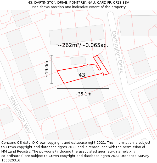 43, DARTINGTON DRIVE, PONTPRENNAU, CARDIFF, CF23 8SA: Plot and title map