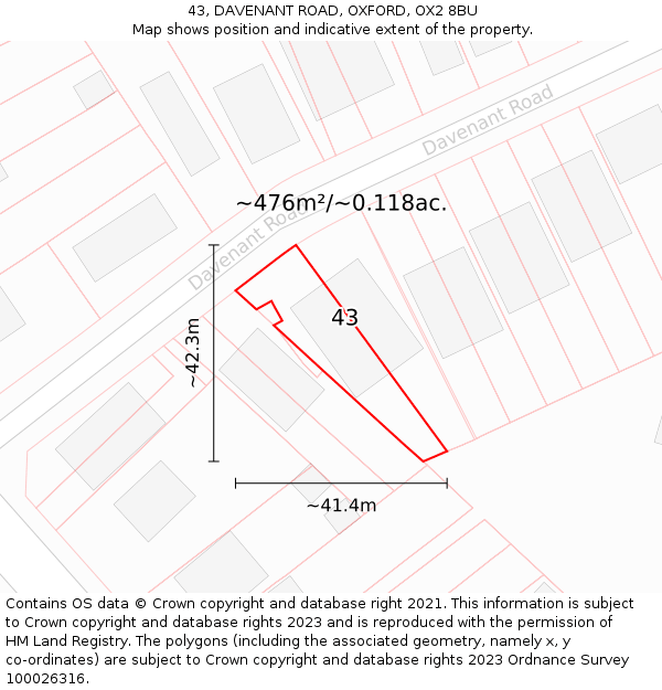 43, DAVENANT ROAD, OXFORD, OX2 8BU: Plot and title map