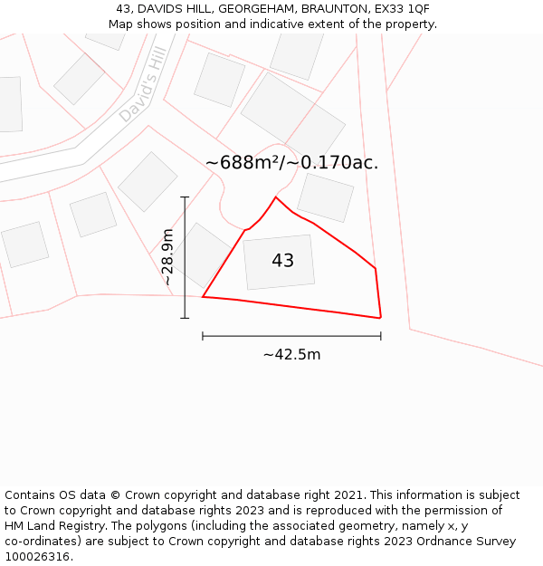 43, DAVIDS HILL, GEORGEHAM, BRAUNTON, EX33 1QF: Plot and title map