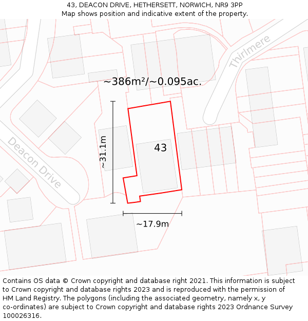 43, DEACON DRIVE, HETHERSETT, NORWICH, NR9 3PP: Plot and title map