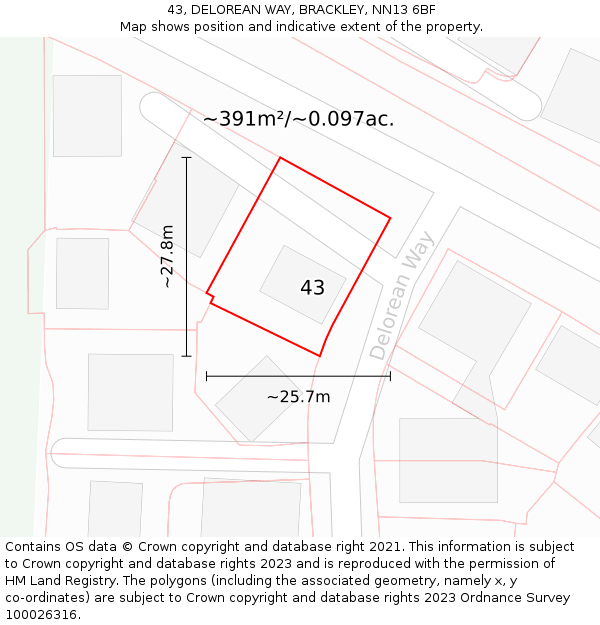 43, DELOREAN WAY, BRACKLEY, NN13 6BF: Plot and title map