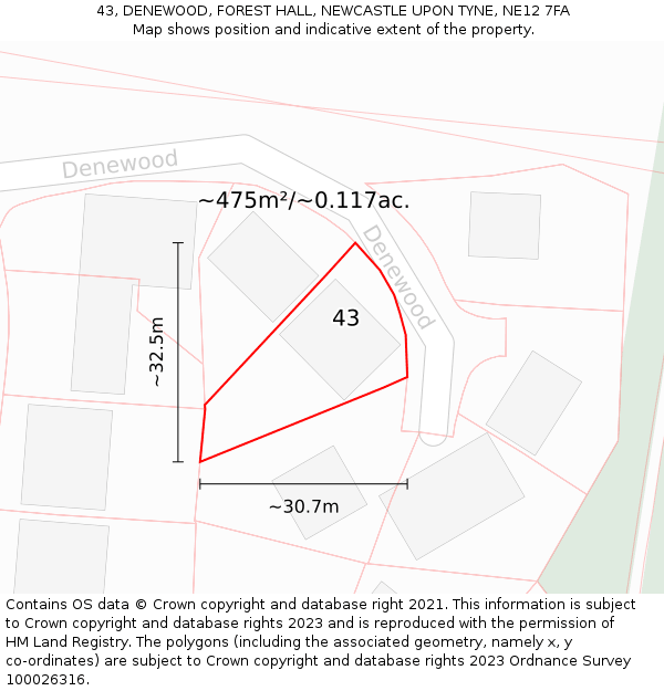 43, DENEWOOD, FOREST HALL, NEWCASTLE UPON TYNE, NE12 7FA: Plot and title map