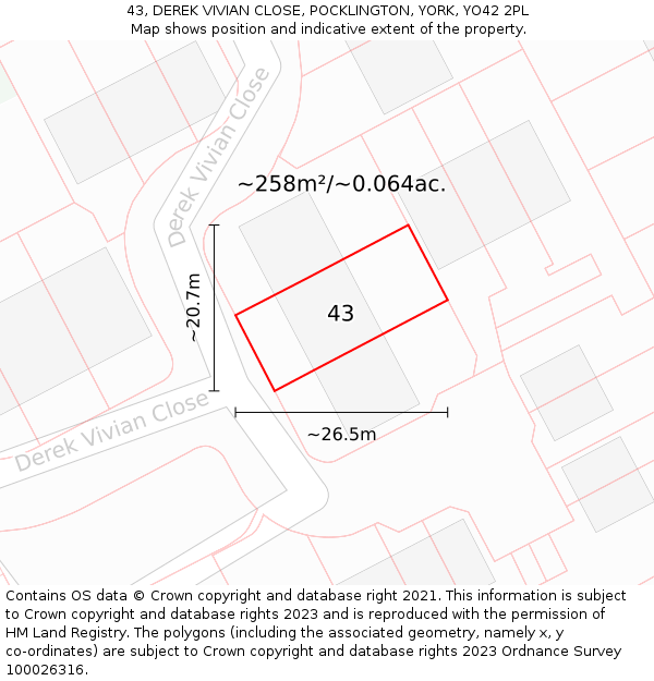 43, DEREK VIVIAN CLOSE, POCKLINGTON, YORK, YO42 2PL: Plot and title map