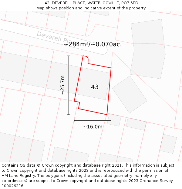 43, DEVERELL PLACE, WATERLOOVILLE, PO7 5ED: Plot and title map