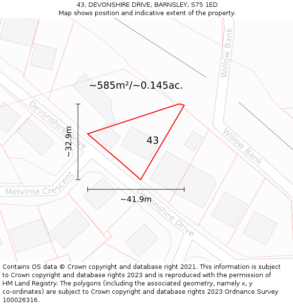 43, DEVONSHIRE DRIVE, BARNSLEY, S75 1ED: Plot and title map