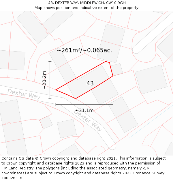 43, DEXTER WAY, MIDDLEWICH, CW10 9GH: Plot and title map